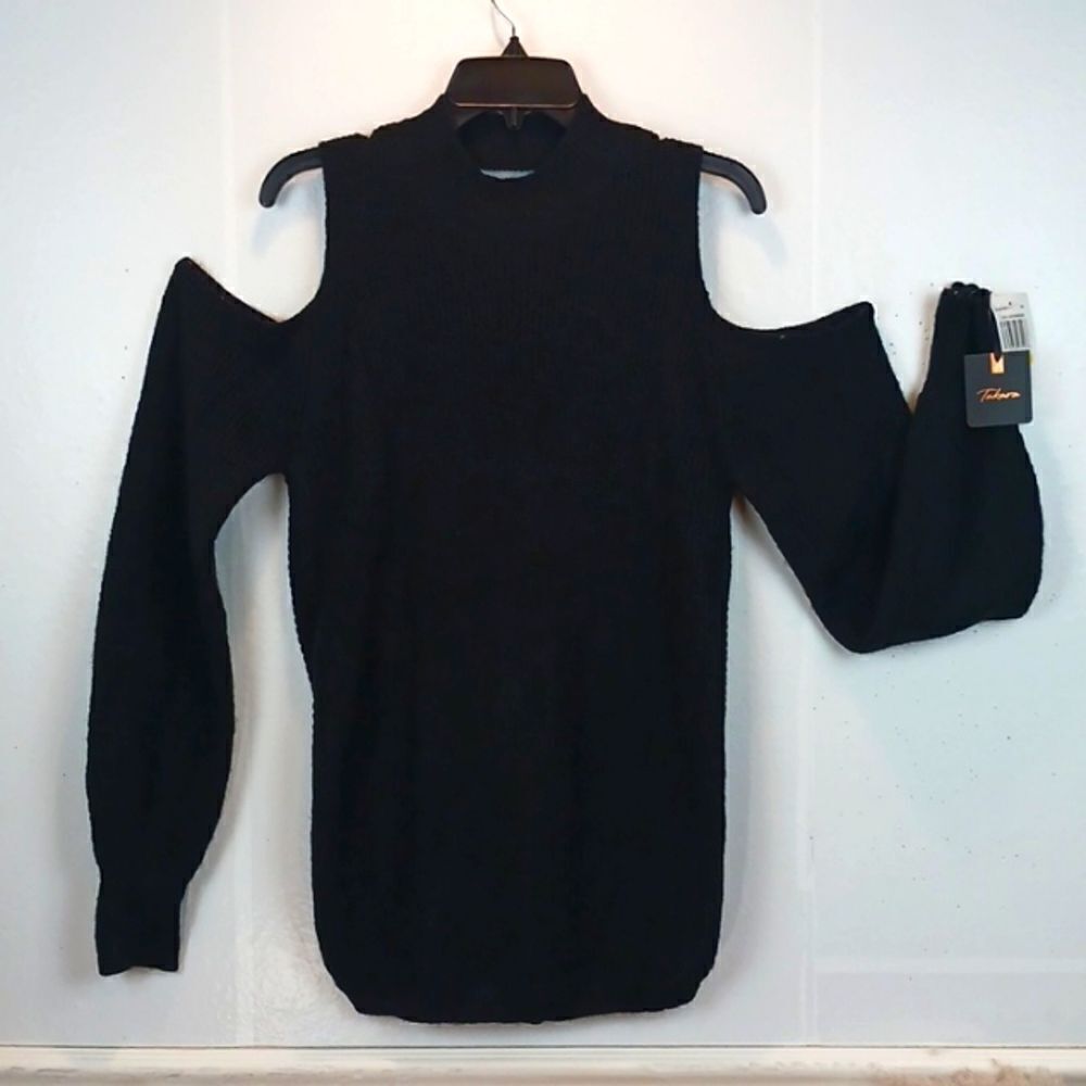 Takara black sexy cold shoulder long-sleeve open back mock neck sweater